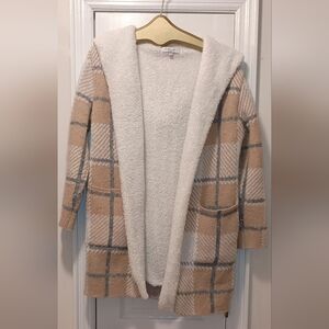 Sweet Rain Plaid Fuzzy Thick open Cardigan With Patch Pockets Med